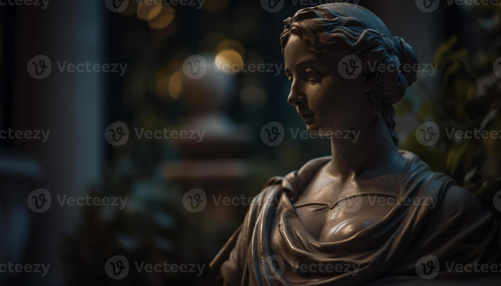 One woman praying at ancient Christian statue generated by AI photo