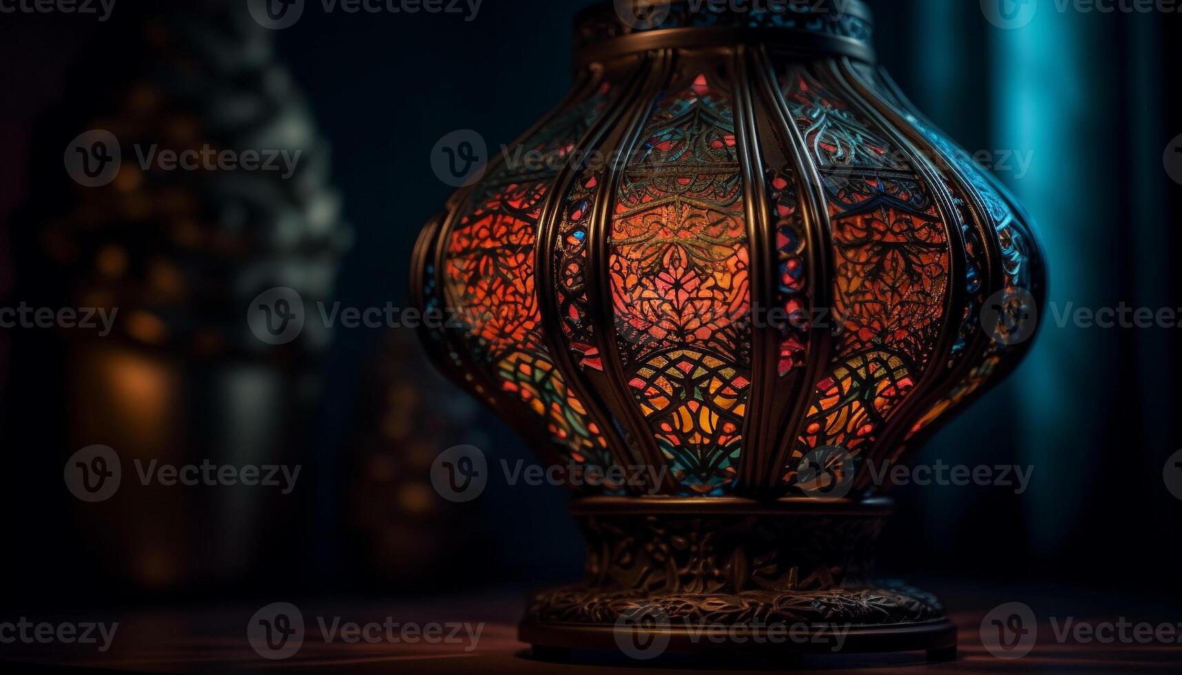 Antique lantern and elegant vase illuminate rustic decor generated by AI photo