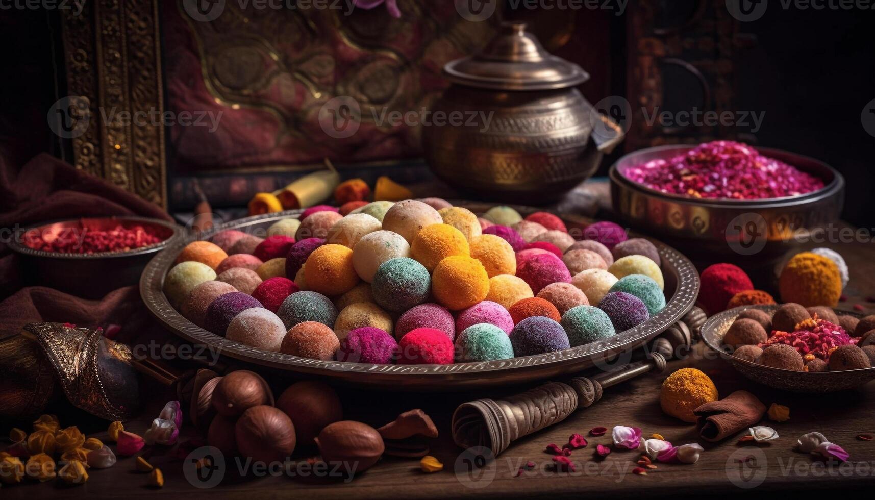 Rustic wooden bowl holds vibrant fruit variation generated by AI photo