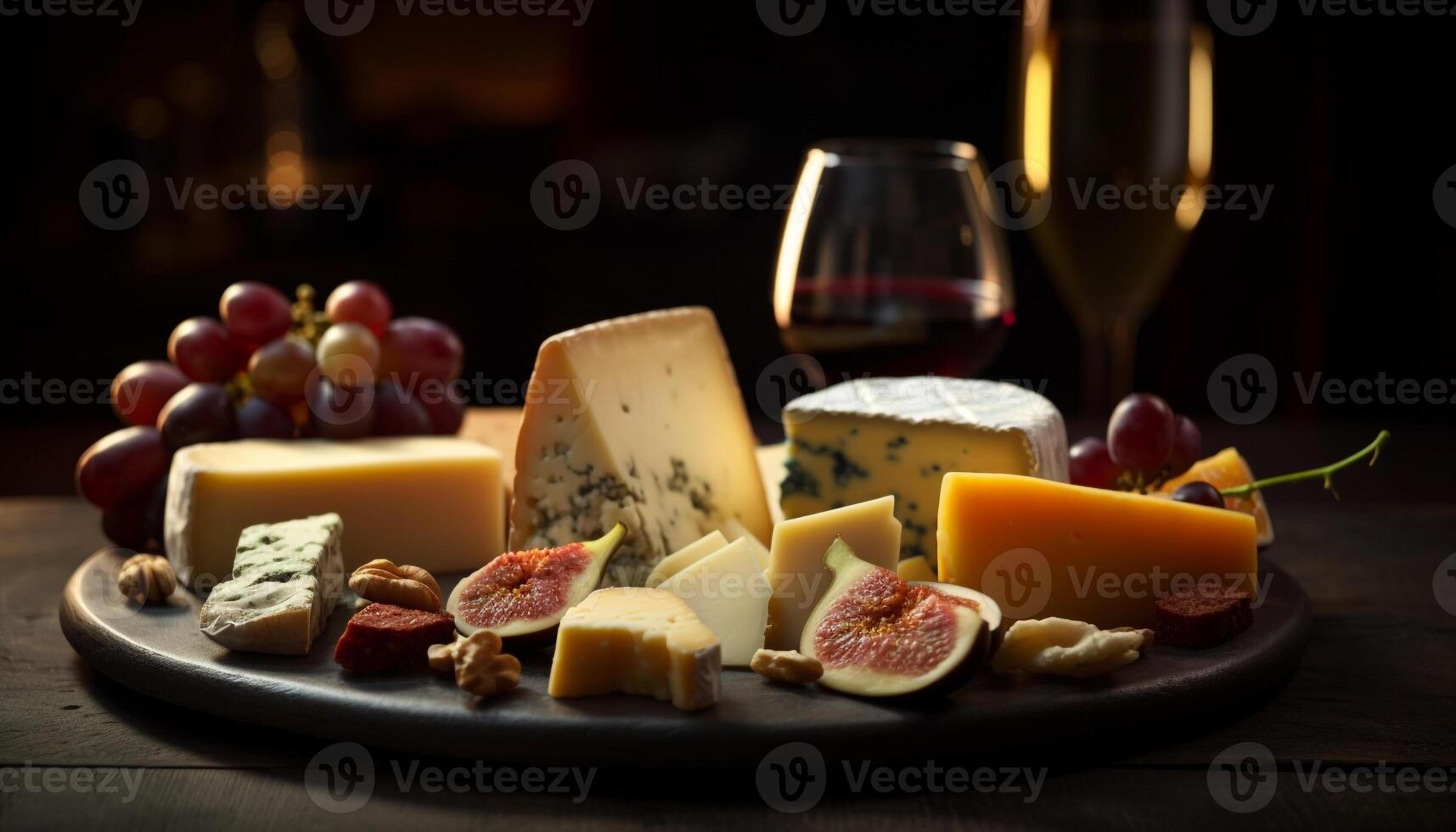 Gourmet cheese and wine on rustic tray generated by AI photo