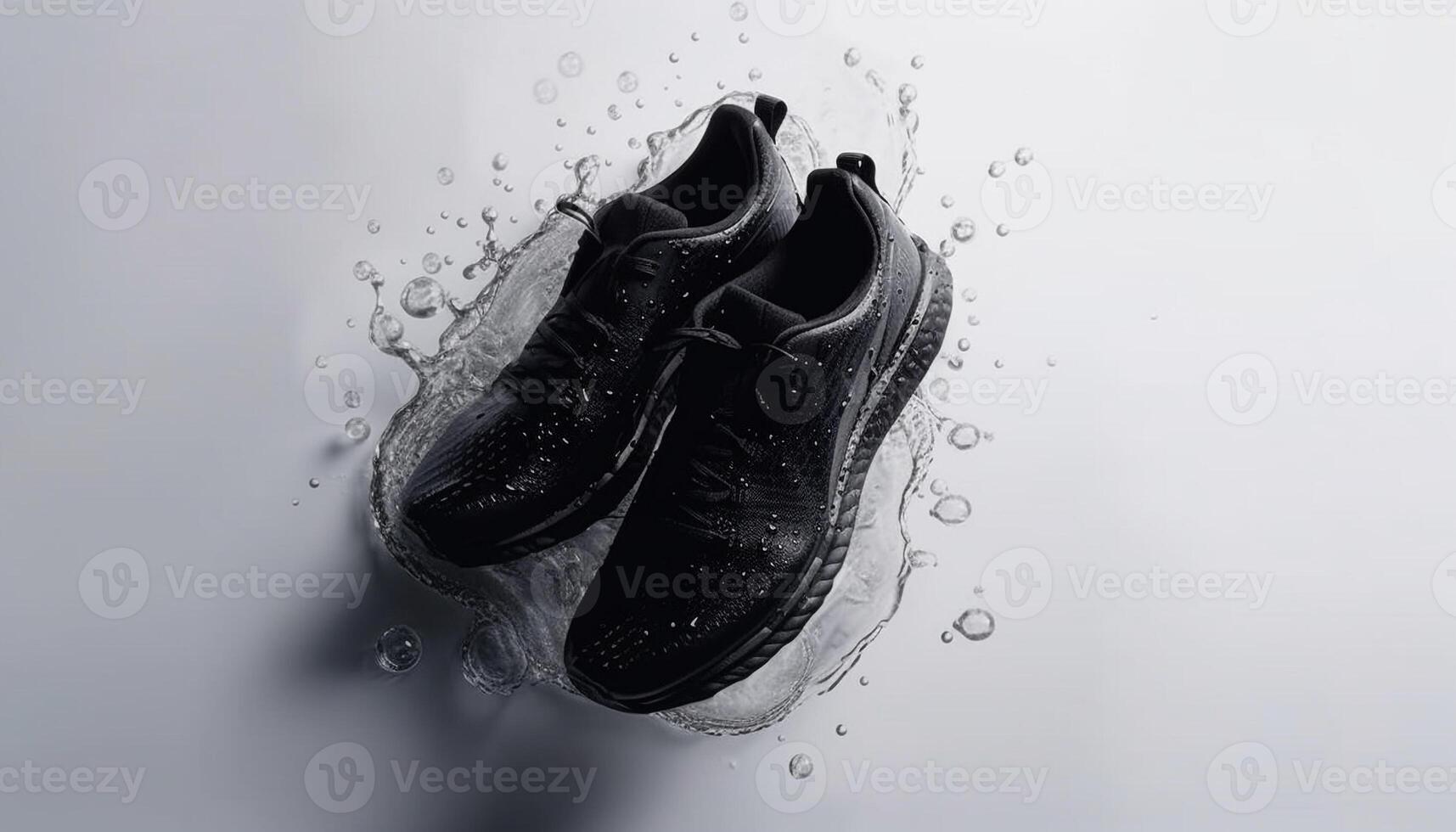 Shoe drop creates wet splash with reflection generated by AI photo