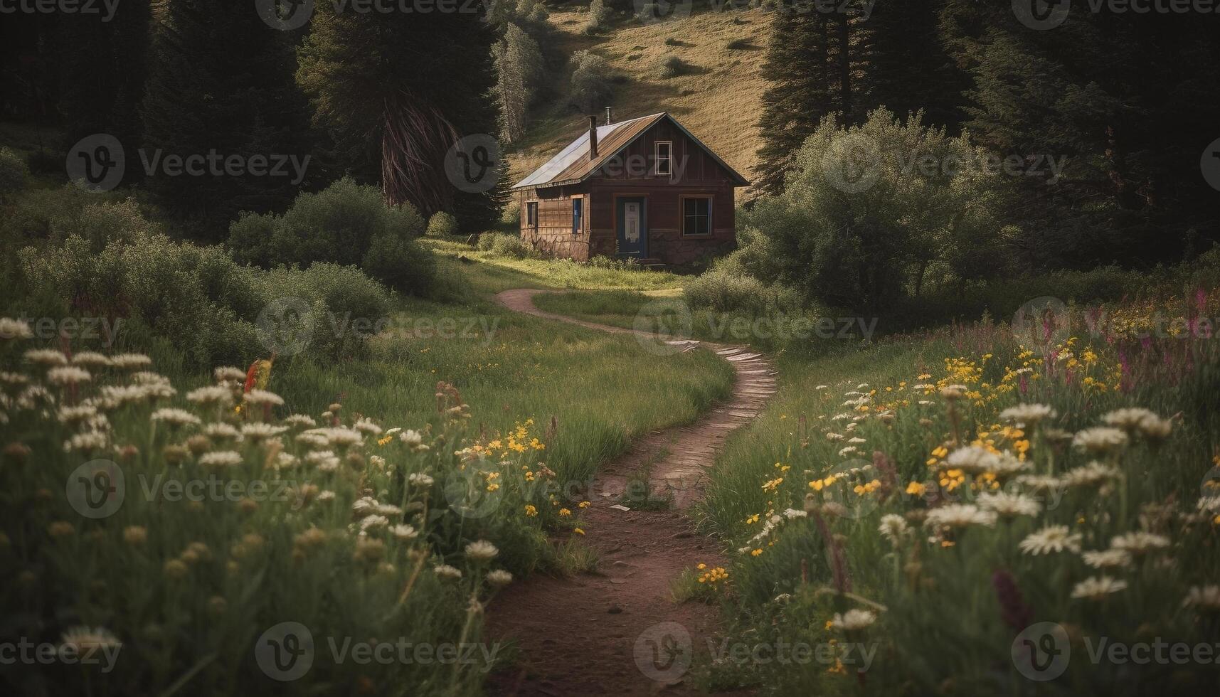 Mountain meadow blossoms in tranquil summer sunlight generated by AI photo