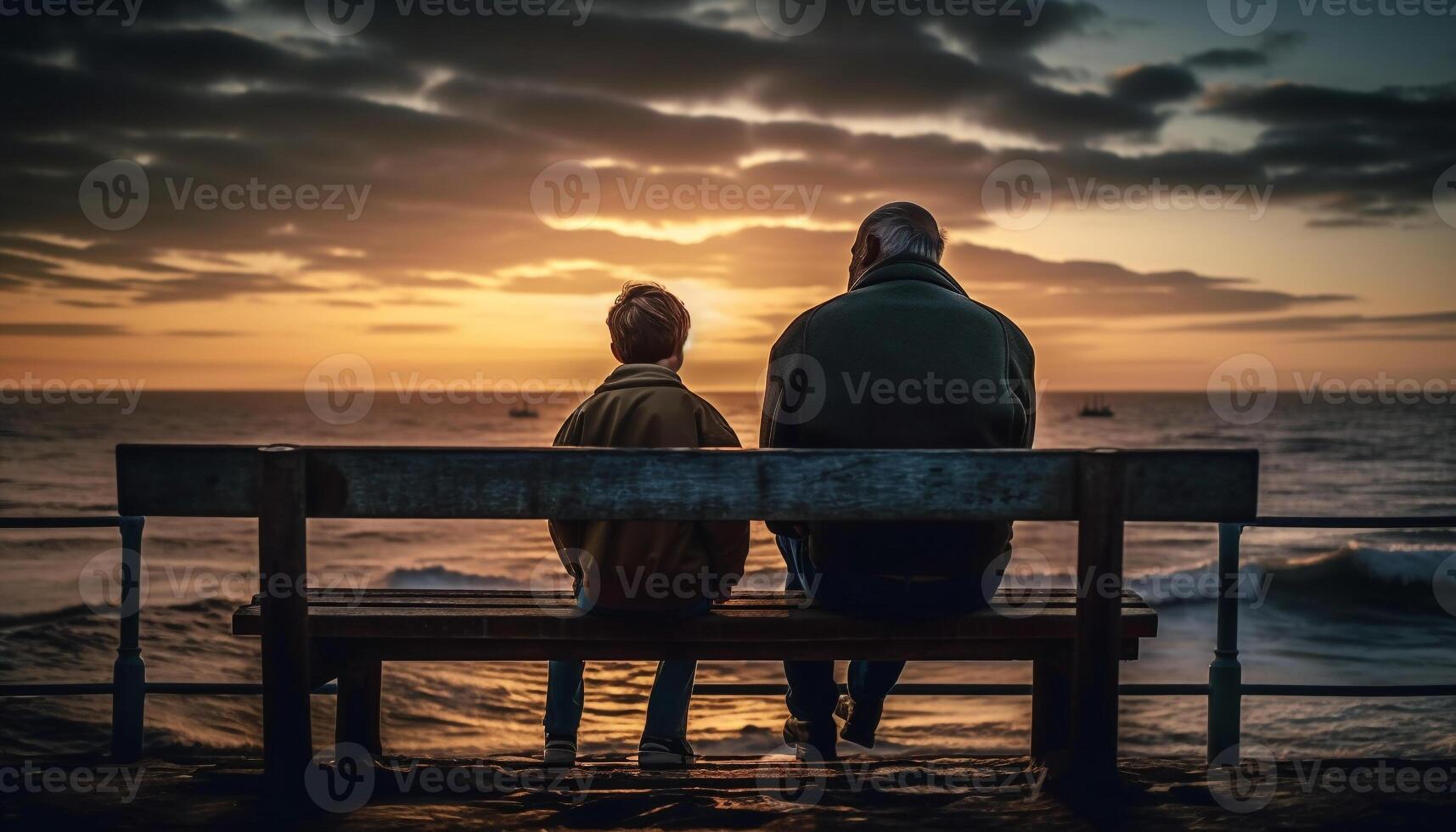 Romantic couple sitting together at sunset, embracing generated by AI photo