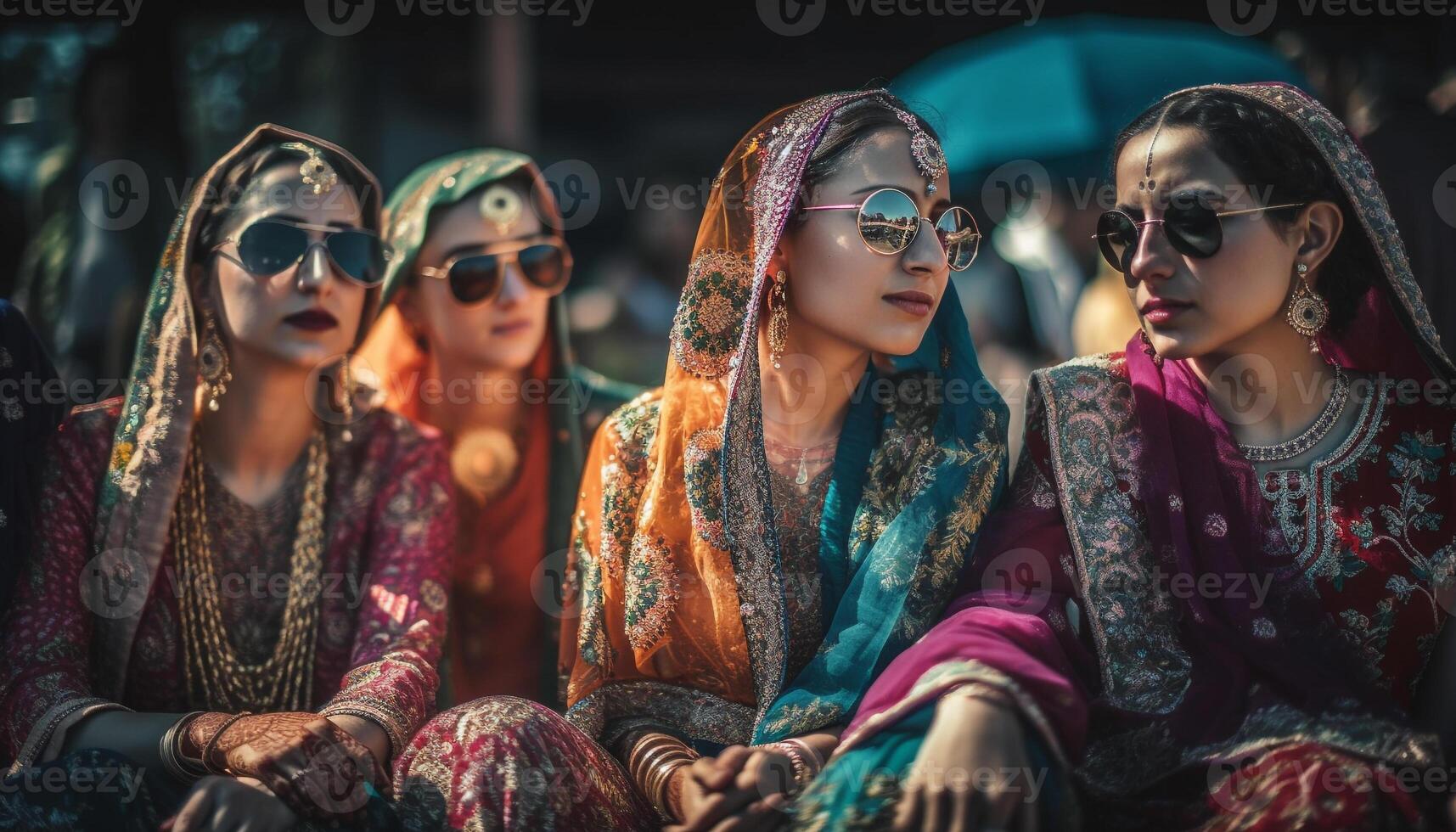 sonriente joven adultos en vistoso tradicional ropa generado por ai foto