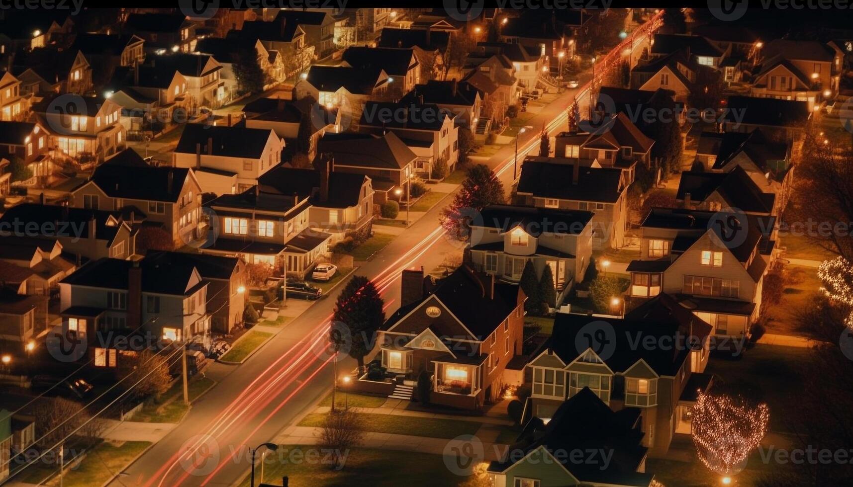 Glowing architecture illuminates dark city street at dusk generated by AI photo