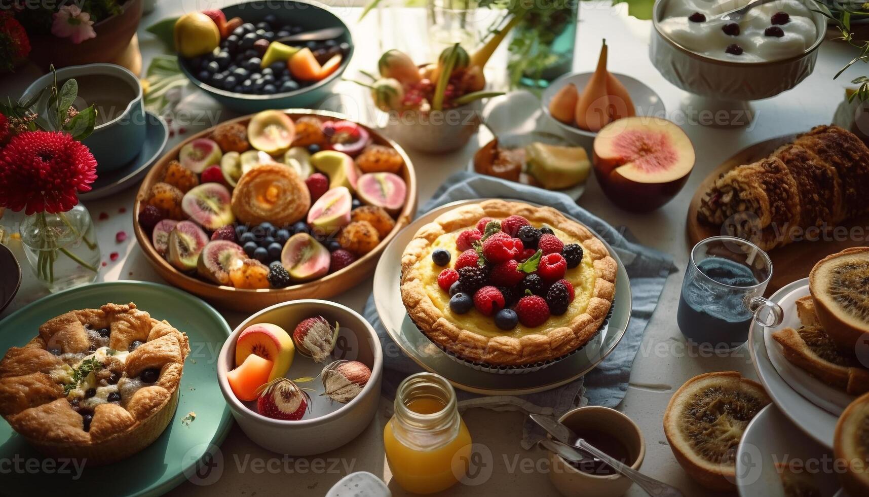Berry dessert tray with baked cheesecake indulgence generated by AI photo