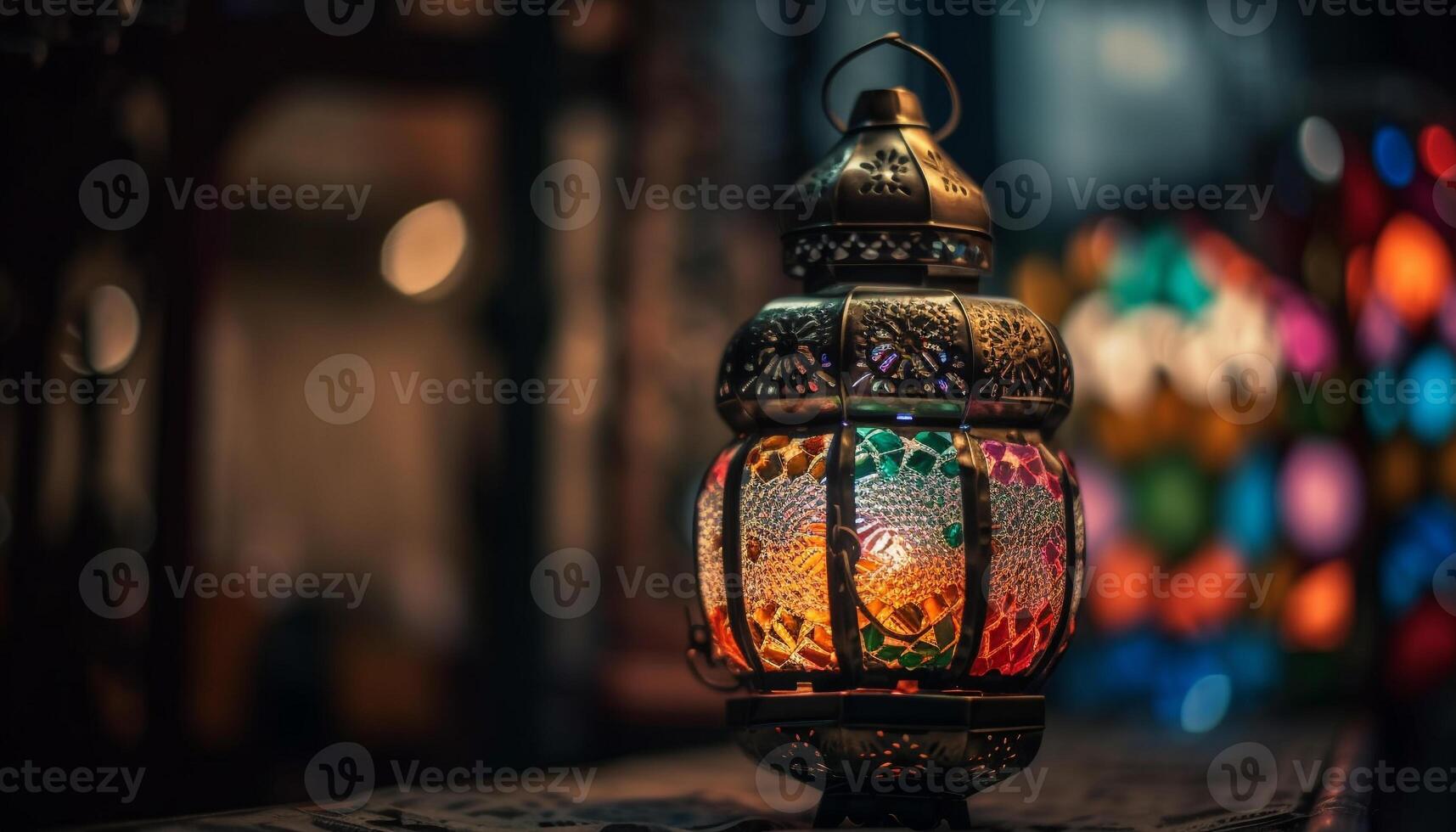 Candlelight illuminates ornate lantern in traditional festival celebration generated by AI photo