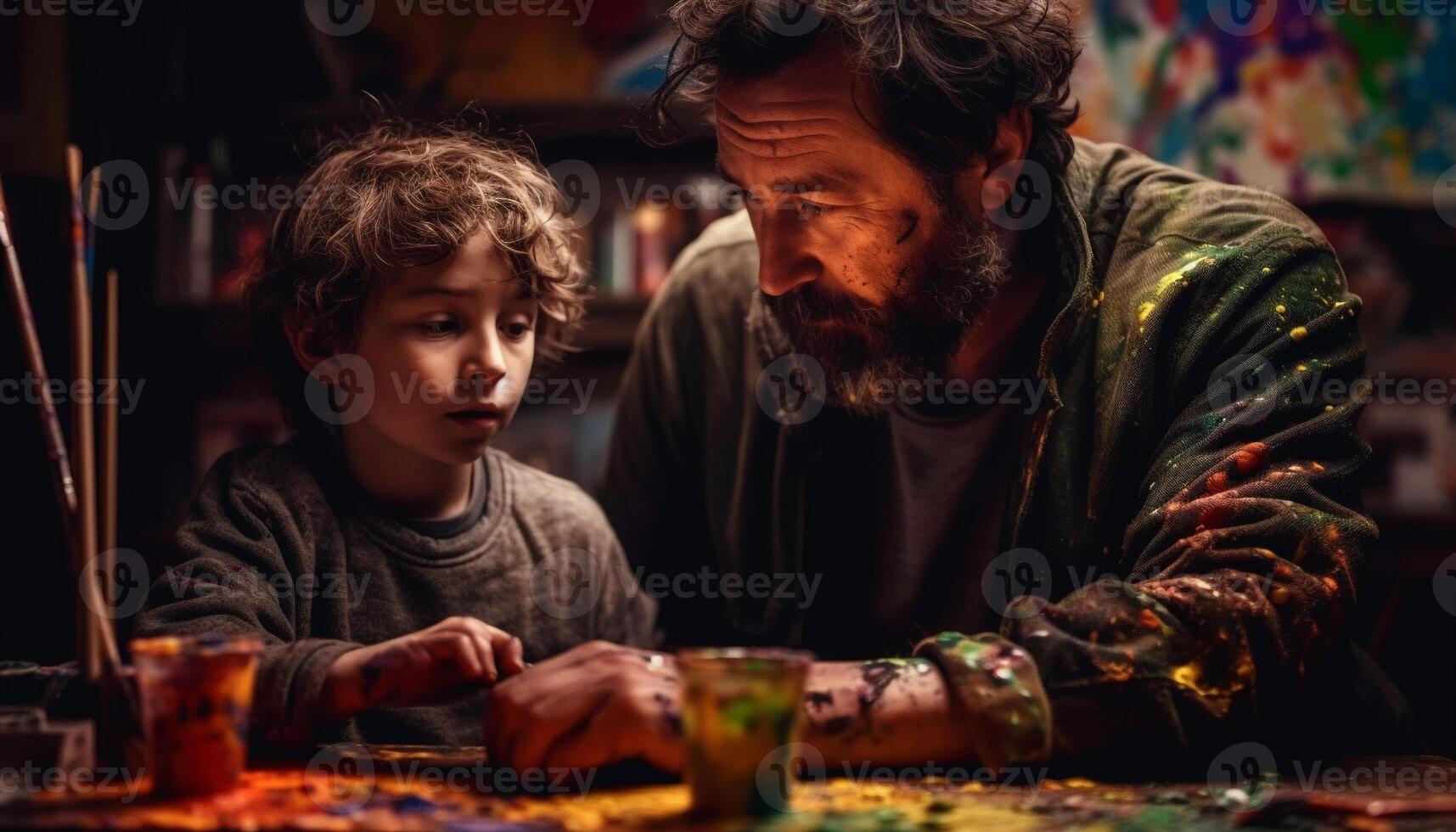 Father and son painting together in kitchen generated by AI 24650895