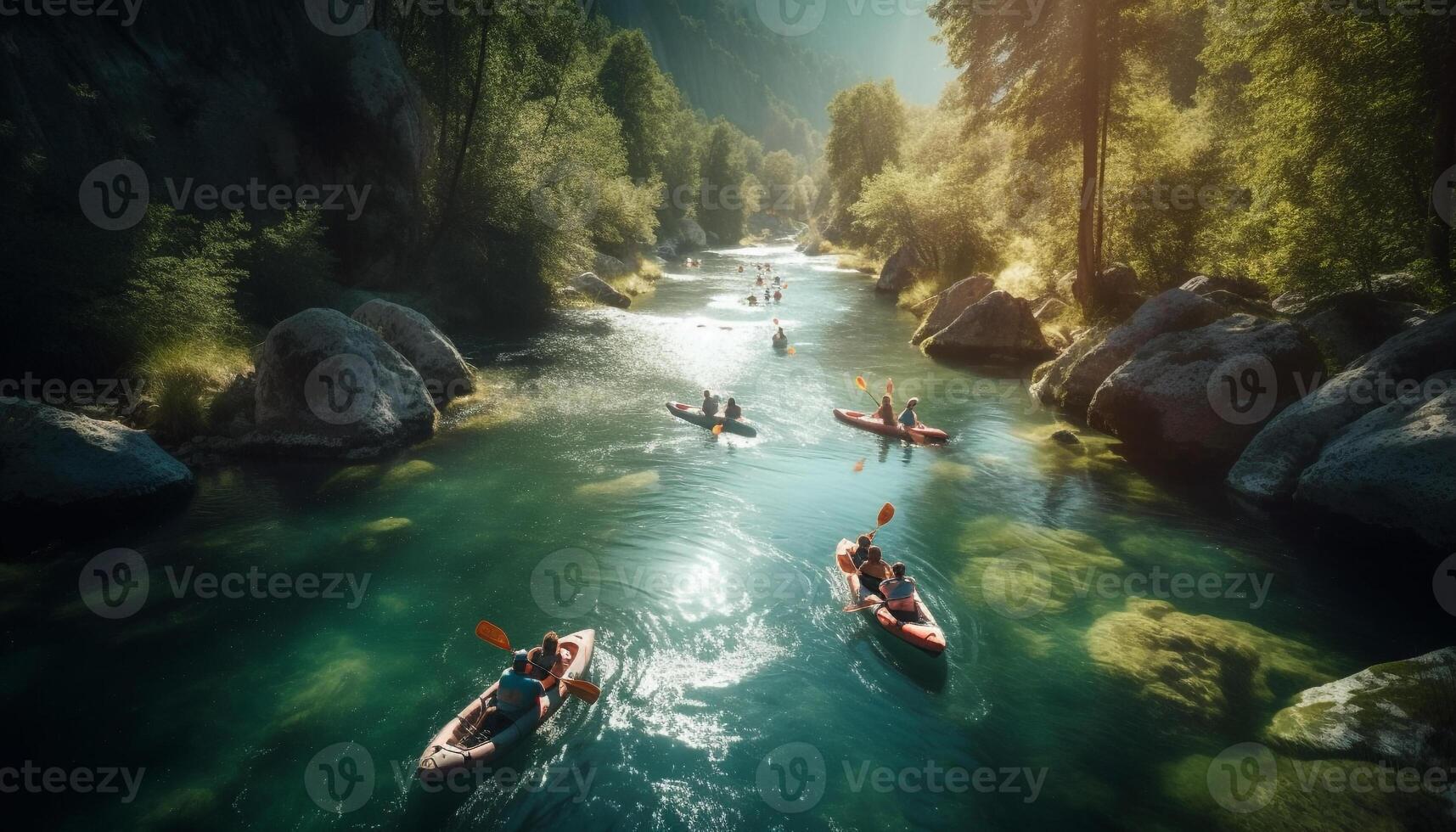 Fun canoeing adventure through stunning summer landscape generated by AI photo