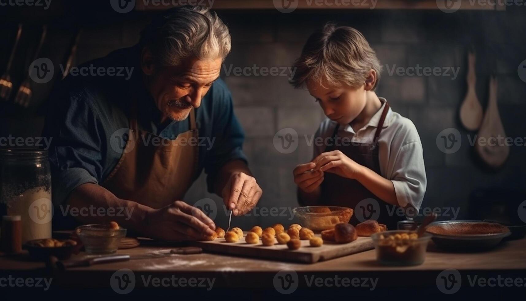 Three generations knead dough for sweet cookies generated by AI photo