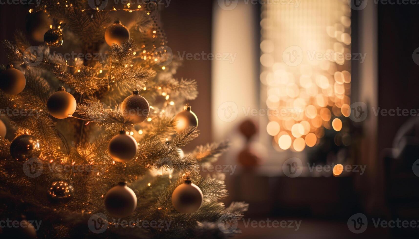 Bright Christmas tree glows with shiny ornaments generated by AI photo