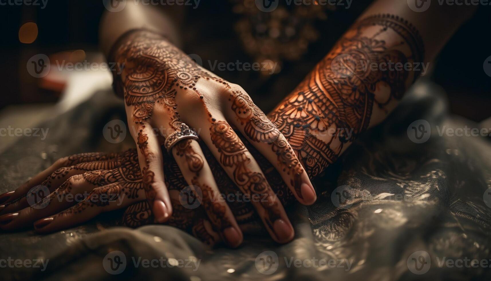 Elegant bride henna adorning hand and beauty generated by AI photo