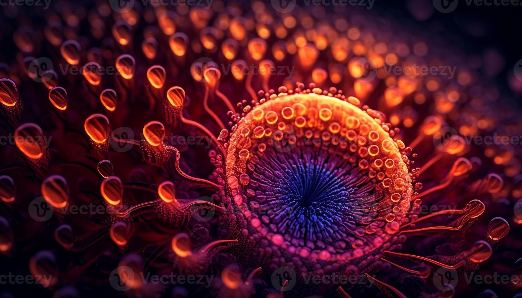 Bacterium, virus and cancer cell magnified abstractly generated by AI photo