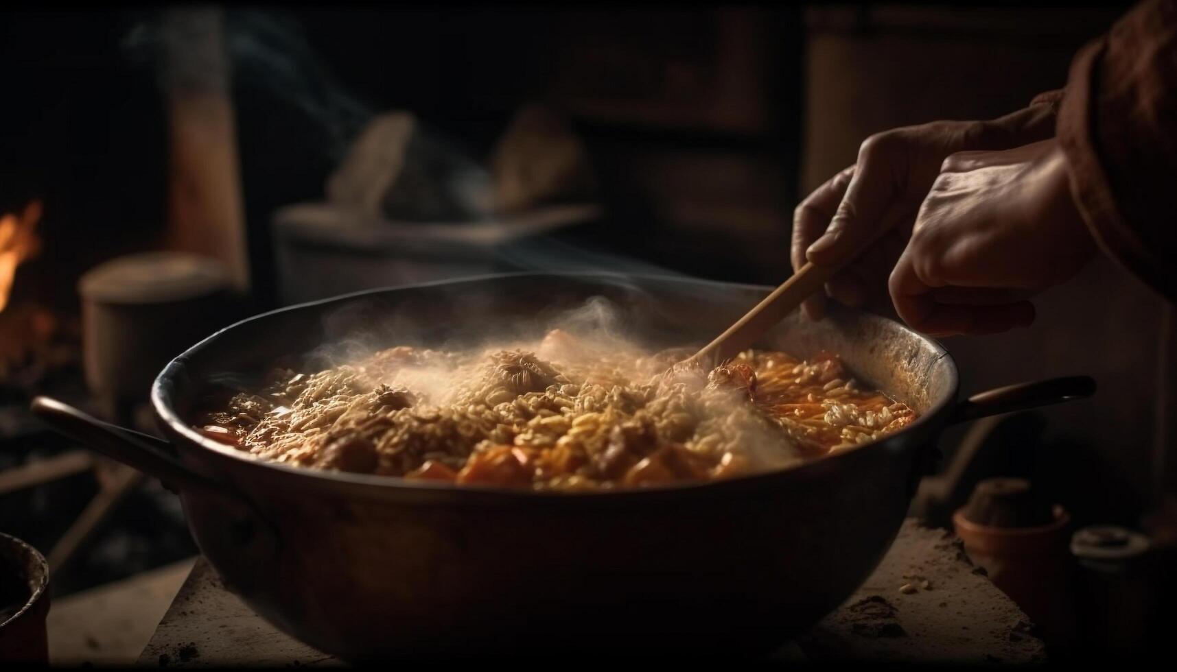 Homemade stew cooking in cast iron pot generated by AI photo