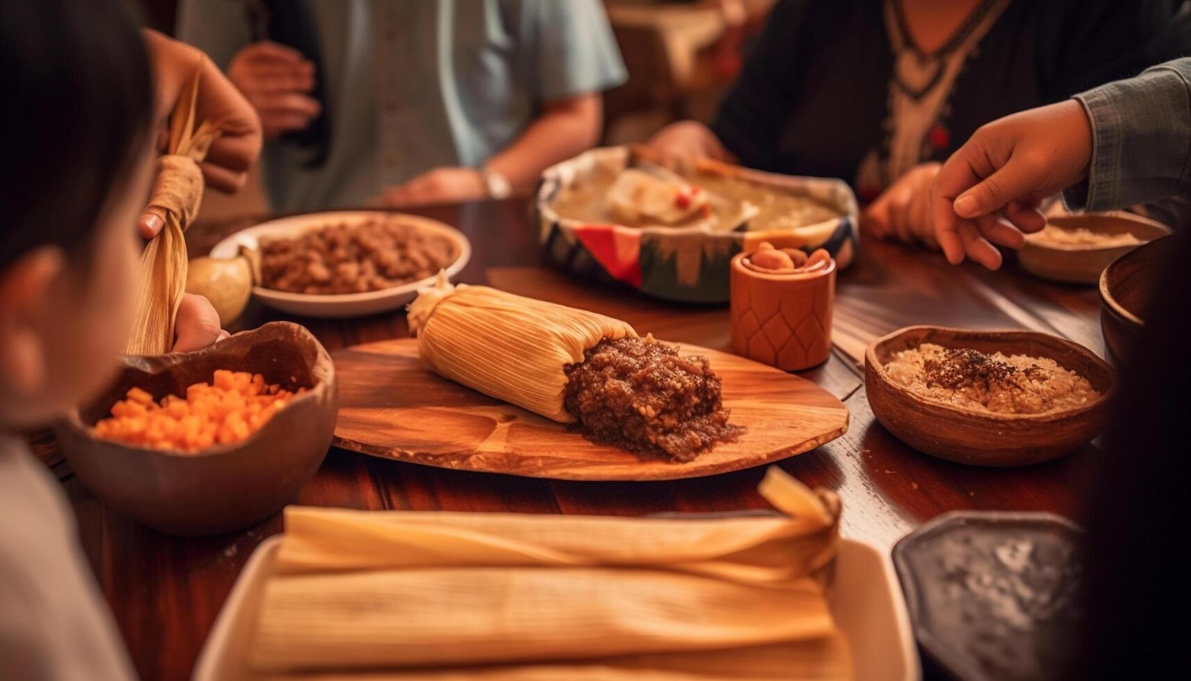 Wooden table, homemade meal, happy family togetherness generated by AI photo