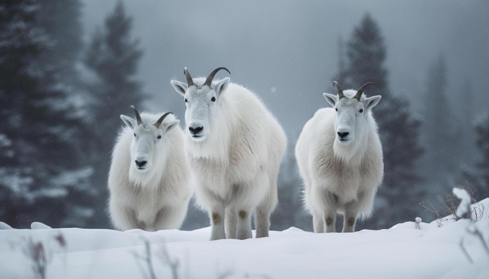 Goat looking cute in frosty winter landscape generated by AI photo