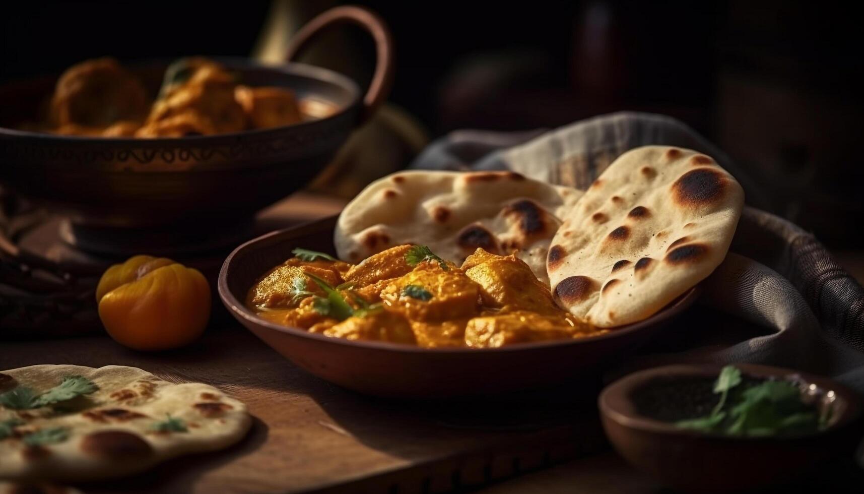 Freshly baked naan bread in rustic wood bowl generated by AI photo