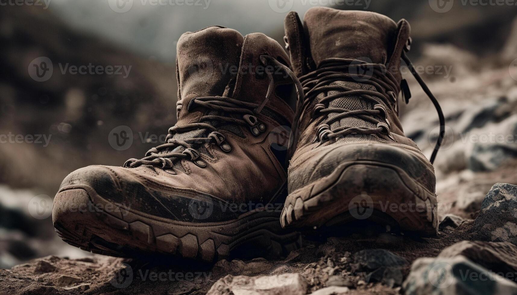 Mud caked leather hiking boots trek through nature generated by AI photo