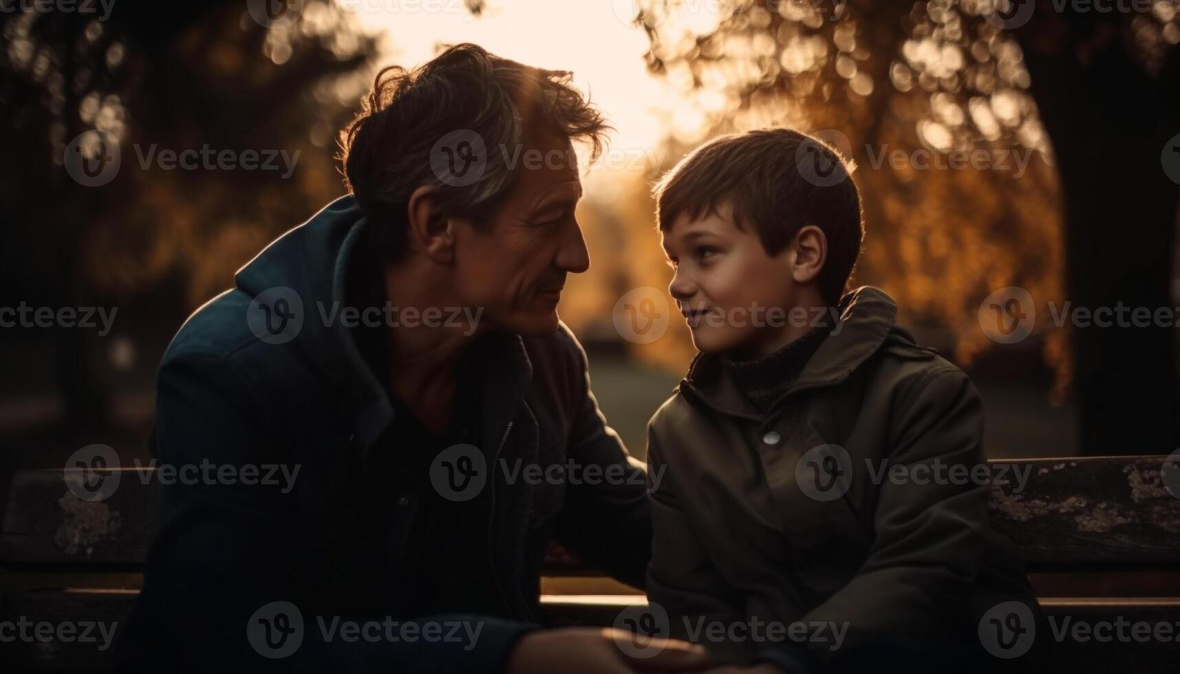 un padre abraza su hijo en naturaleza puesta de sol generado por ai foto