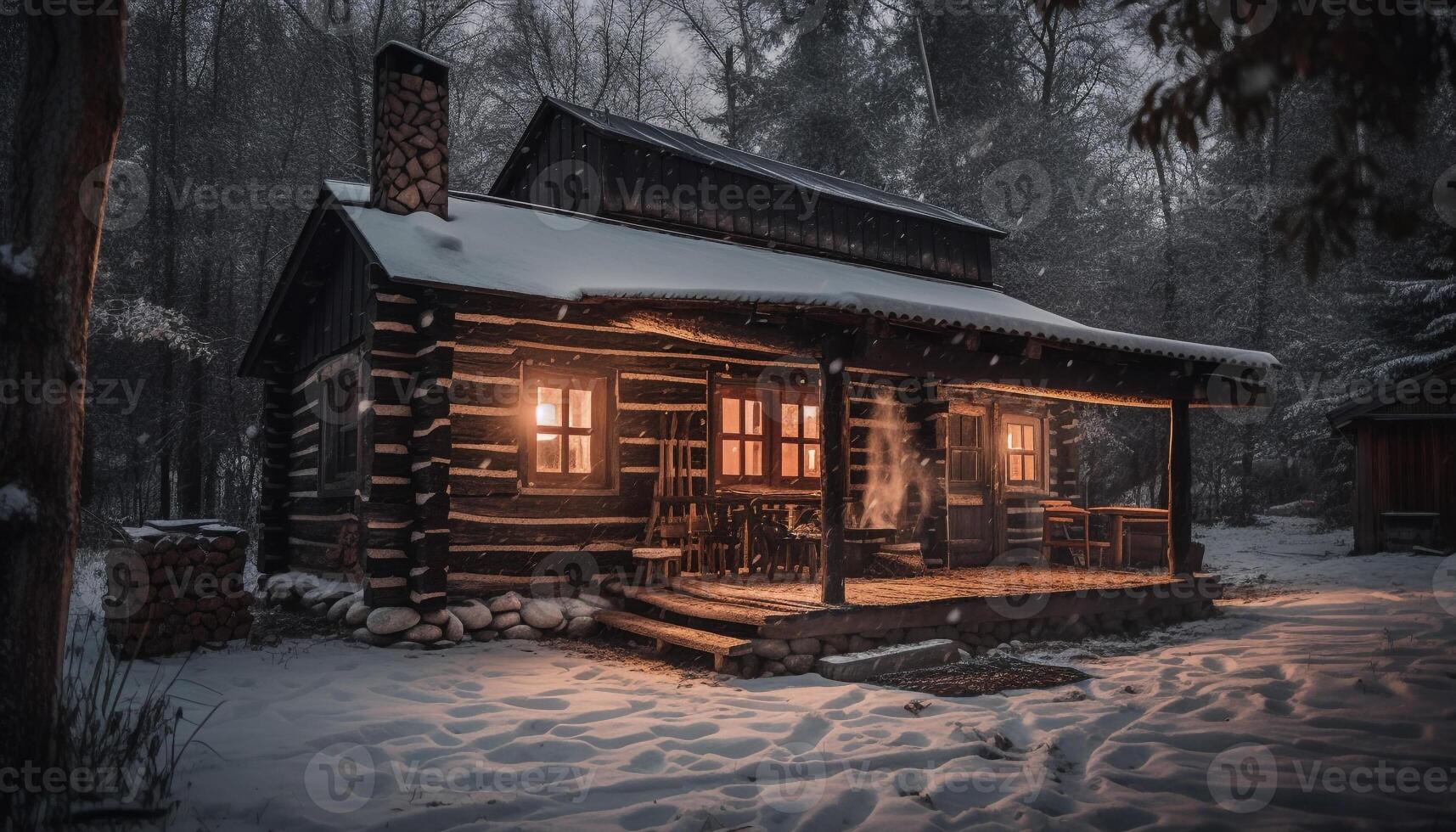 Night snowfall on old cottage in woods generated by AI photo