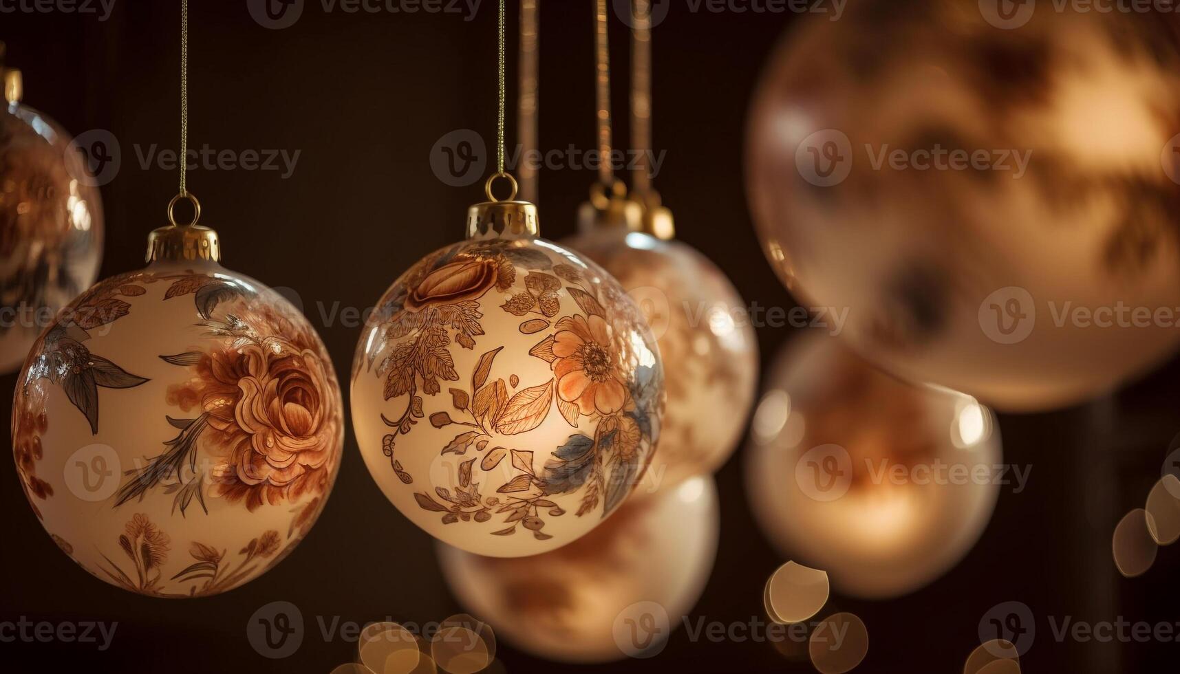 Shiny gold spheres hung from the tree generated by AI photo