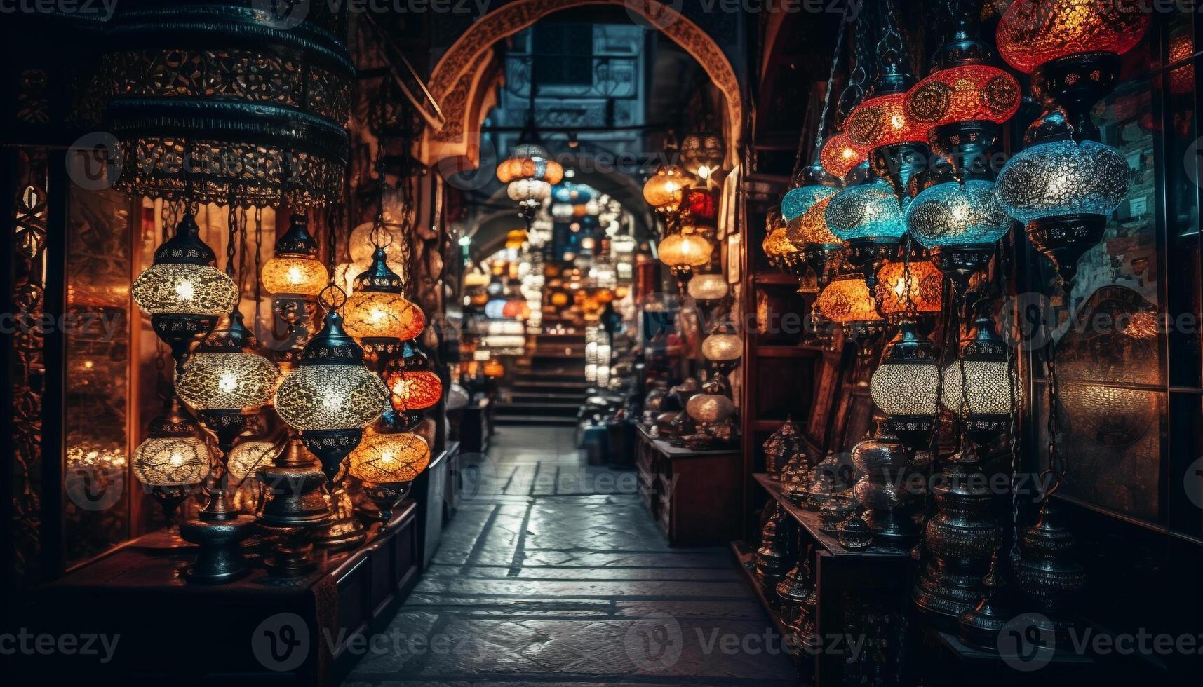 Ornate lanterns illuminate ancient city streets at dusk generated by AI photo