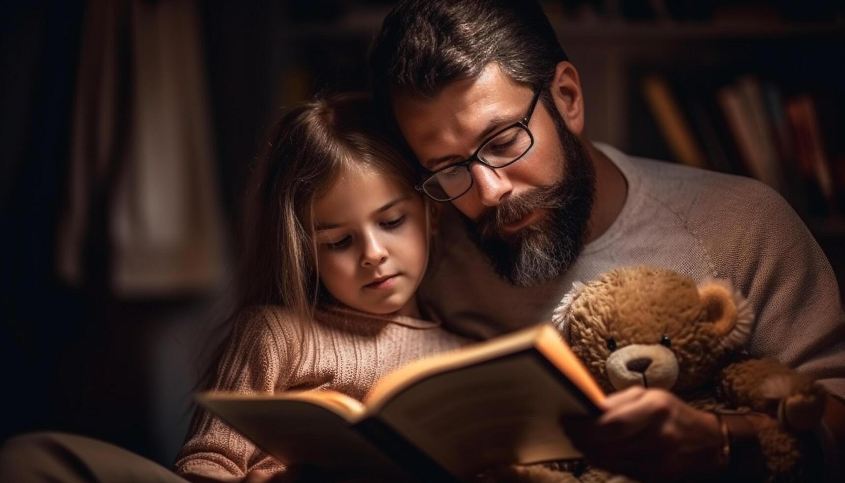 Father and son bonding over bedtime story generated by AI photo