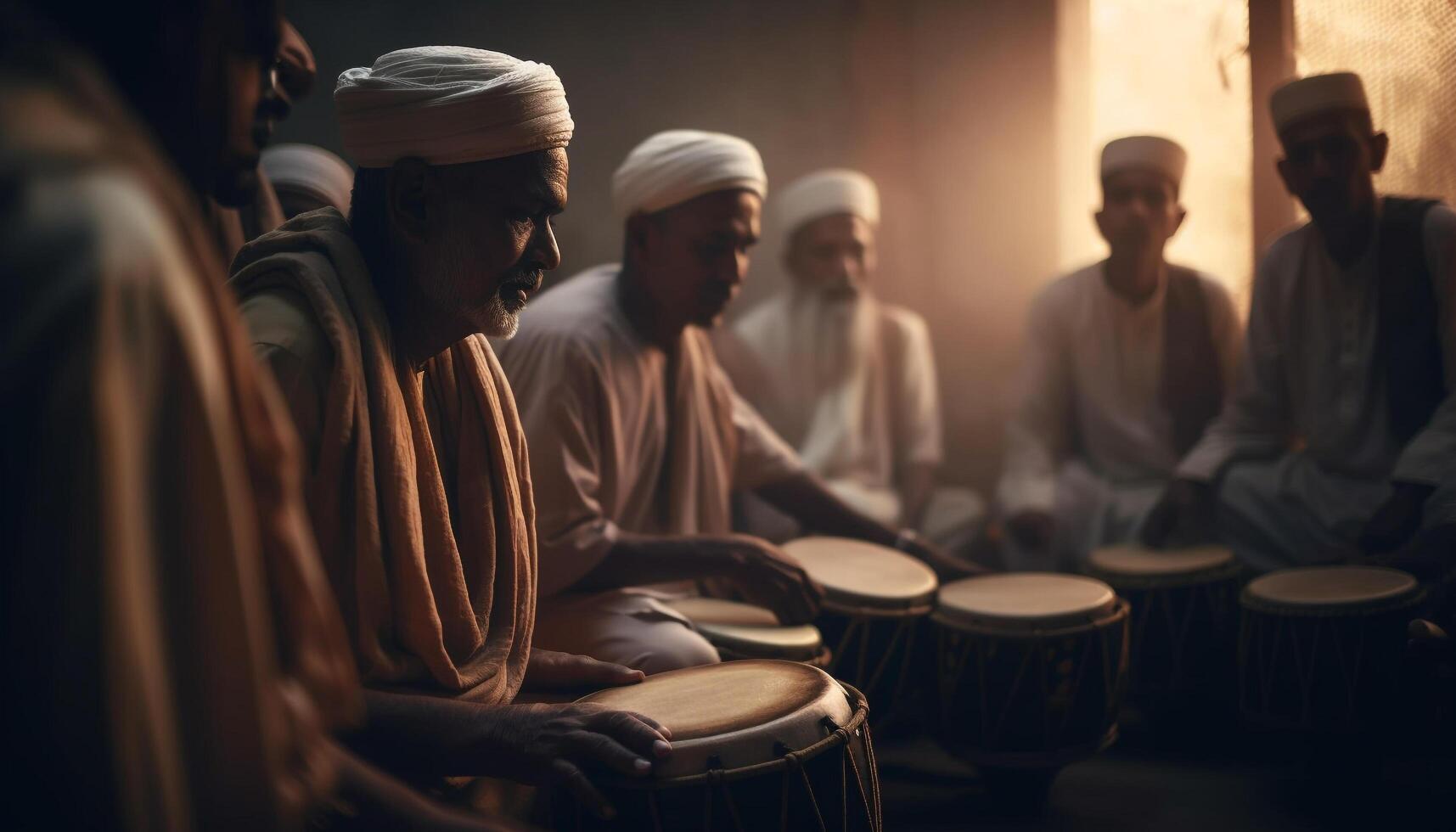 Group of musicians playing traditional percussion instruments outdoors generated by AI photo