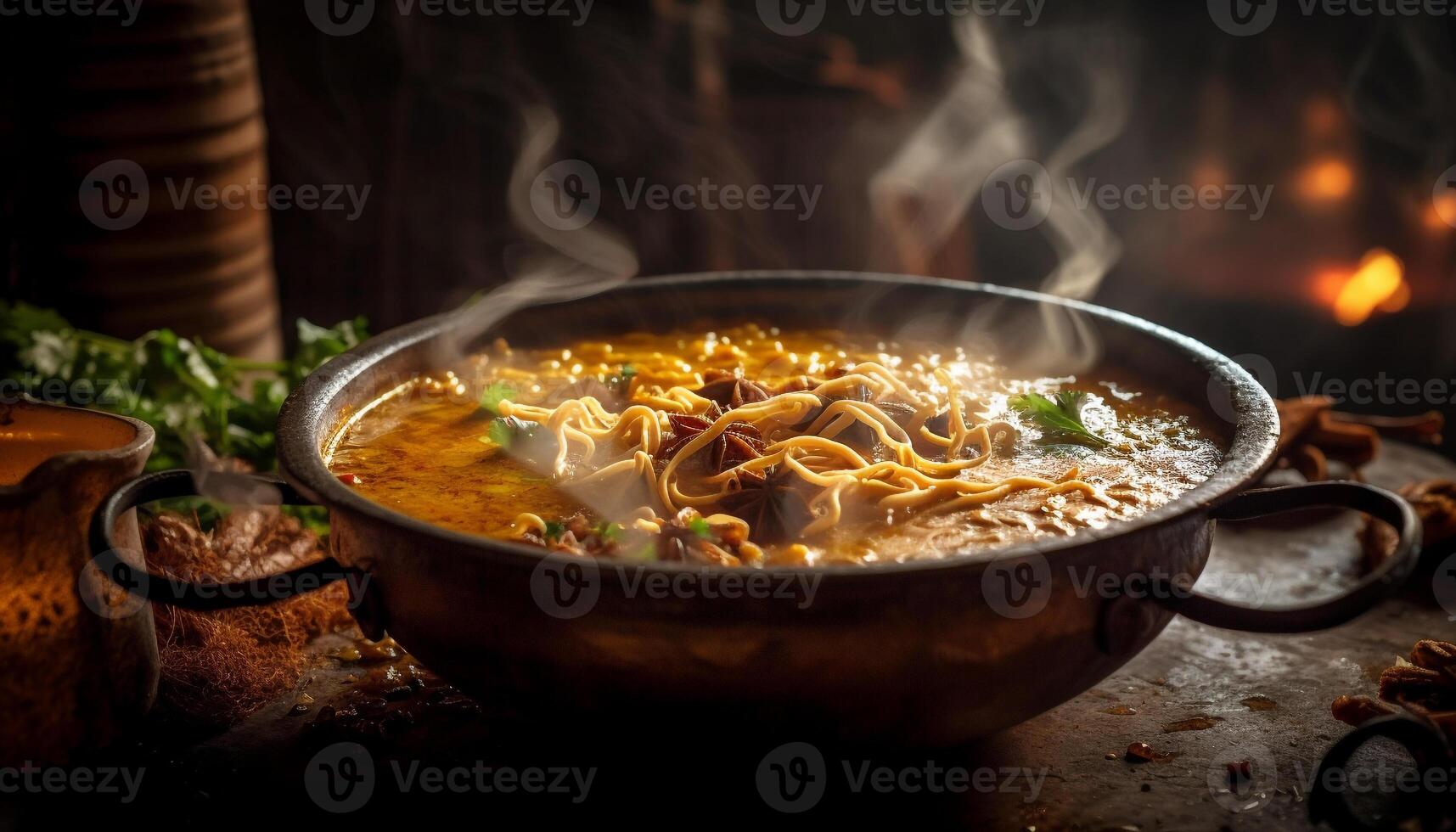 Premium AI Image  Fresh vegetable soup in a rustic bowl ready to eat  gourmet meal generated by artificial intelligence