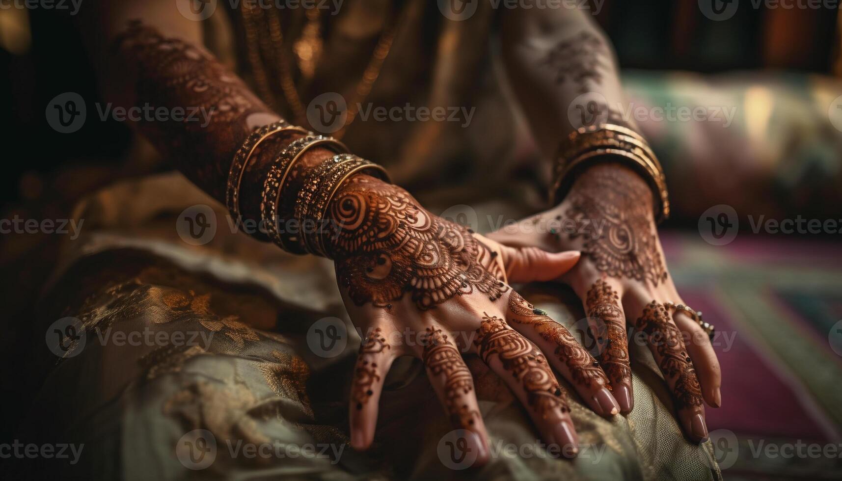 Indian bride holding multi colored jewelry, surrounded by elegance generated by AI photo