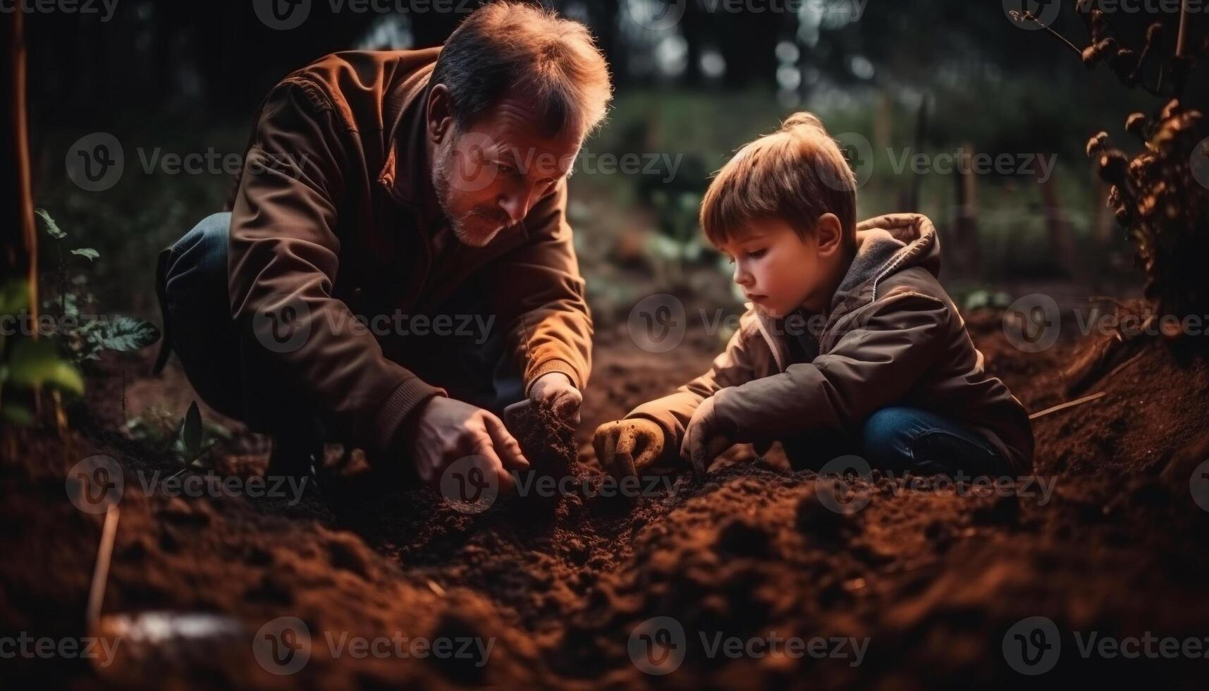 Father and son bonding, planting love outdoors generated by AI photo