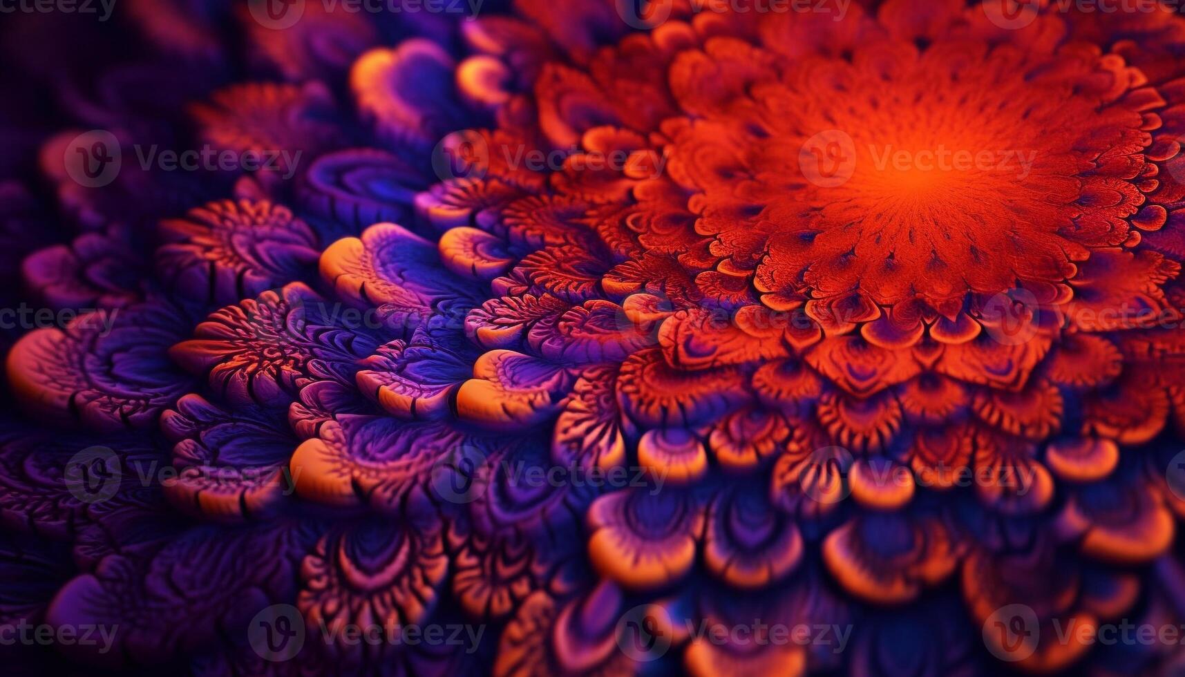 Molecular structure blooms in colorful fractal pattern generated by AI photo