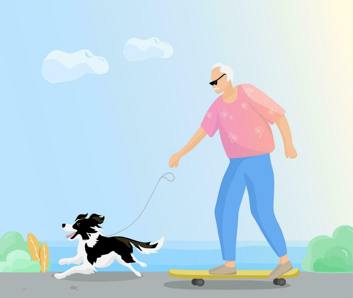 Senior traveler on a skate with dog, activity summer vacation, elderly man tourist walking with border collie,  grandfather and pet traveling the world together. vector