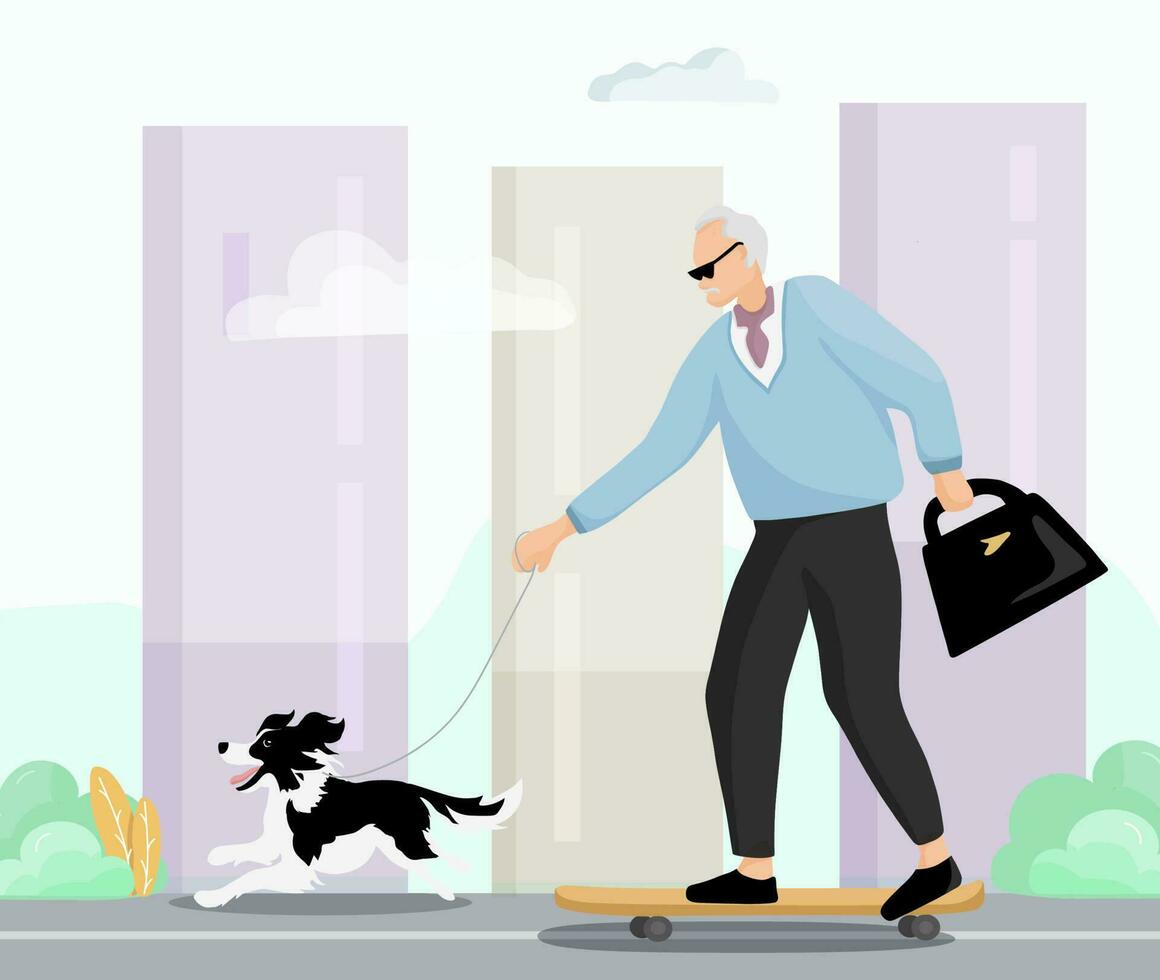 Grandpa on a skateboard with Border Colile, Businessman with dog, Elderly man ride a skateboard with border collie dog. Senior silver man riding a board with pet. Recreational sport for grandfather. vector