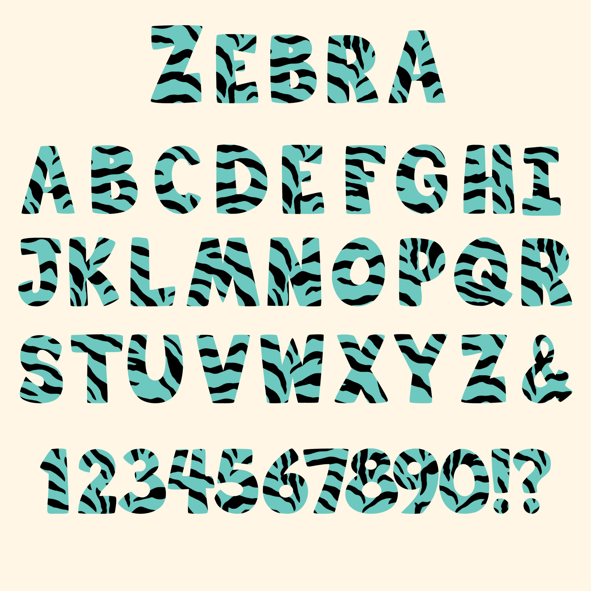 Zebra font for posters. Modern Zebra alphabet. Animal print skins