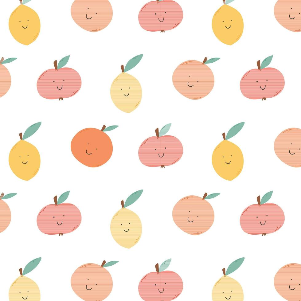 infantil sin costura modelo con retro frutas niños impresión con cítricos en un plano estilo. vector ilustración. modelo con manzana, limón y naranja.