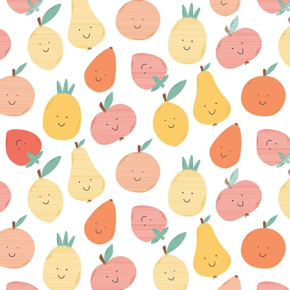 infantil sin costura modelo con retro frutas niños impresión con cítricos en un plano estilo. vector ilustración. modelo con manzana, limón y naranja.