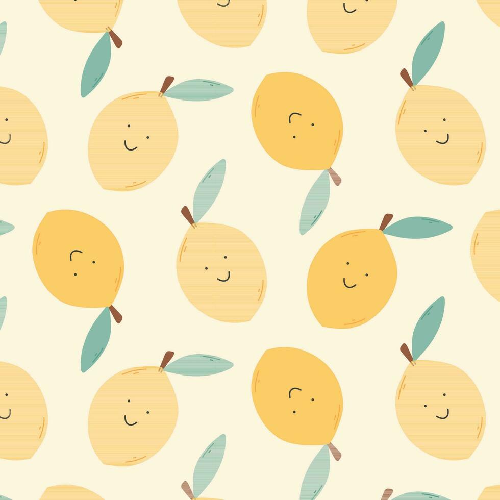 Childish seamless pattern with cute lemons. Retro pattern with lemons. Vector illustration. Groovy kids print with lemon