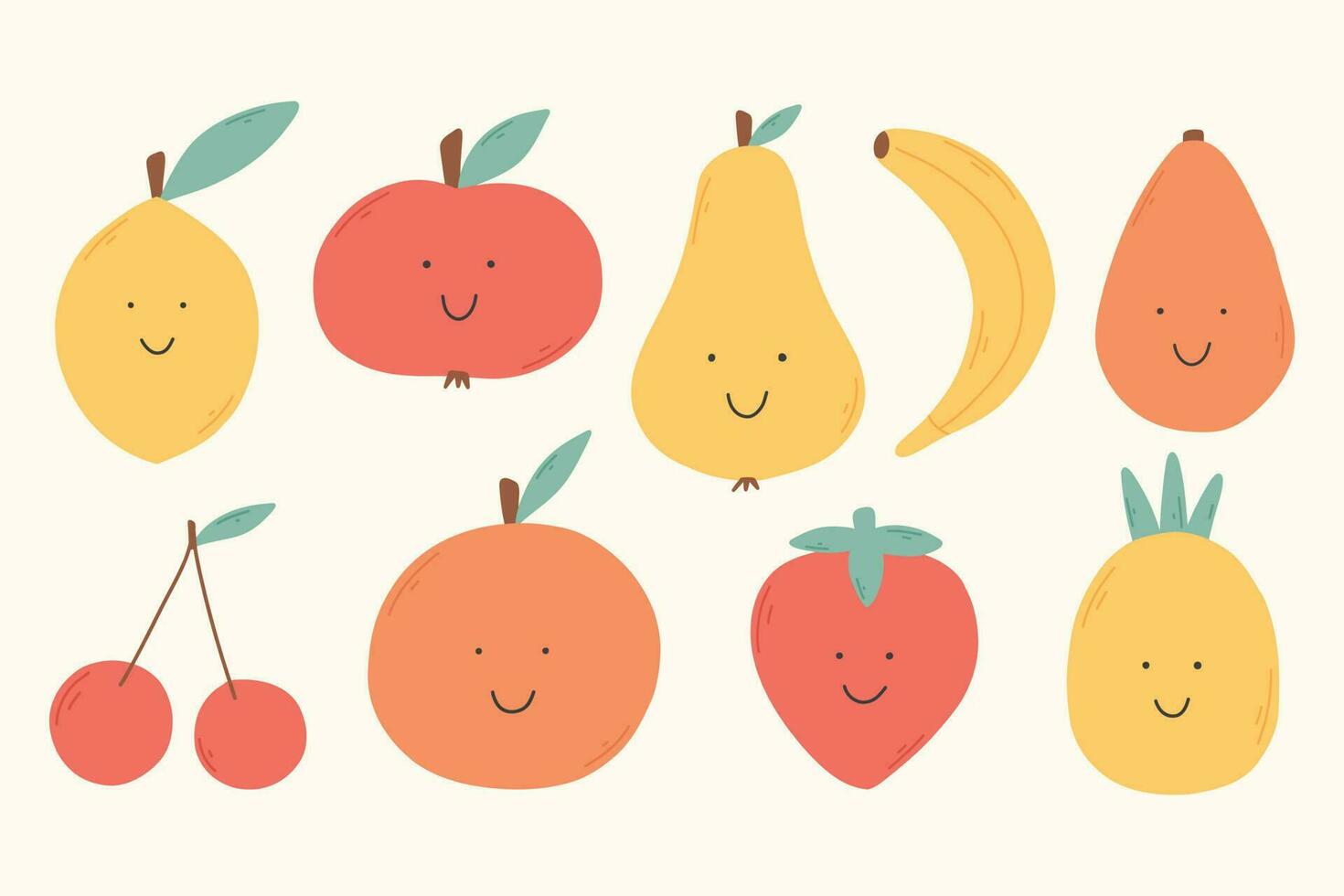 Set of cute retro fruits. Kawaii fruits. Collection of cute baby fruits. Vector illustration. Flat style.