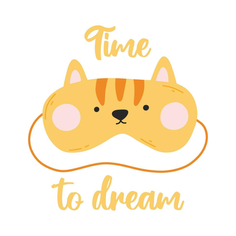 dormir máscara gato. letras hora a dormir. vector ilustración. plano estilo. niños letras. bebé impresión.