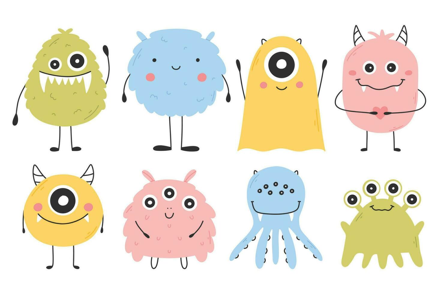 Set with cute monsters in flat style. Hand drawn kids monsters. vector illustration. Isolated mascot.