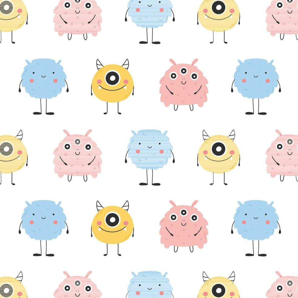 Childish seamless pattern with cute monster. Vector illustration. Kids print in Scandinavian style. Flat style.