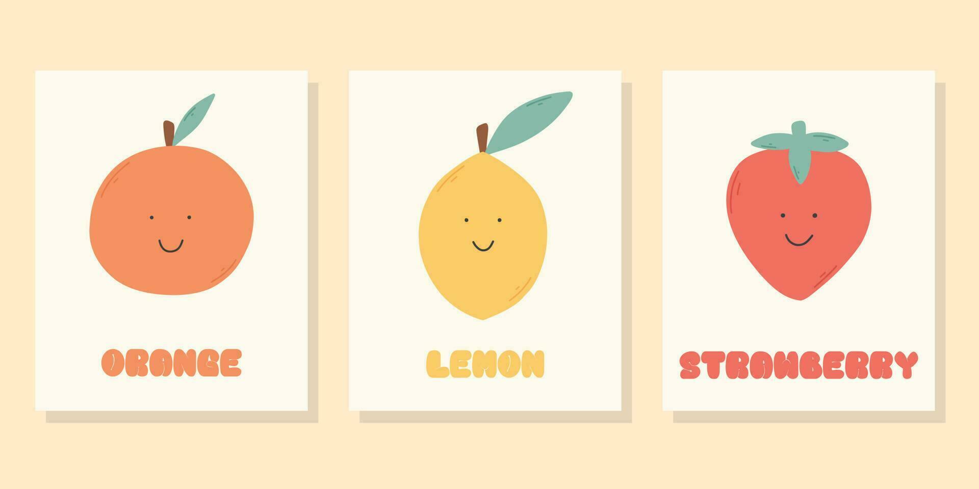 un conjunto de niños linda Fruta carteles vector ilustración. retro carteles para guardería. maravilloso carteles con limón, naranja, fresa.