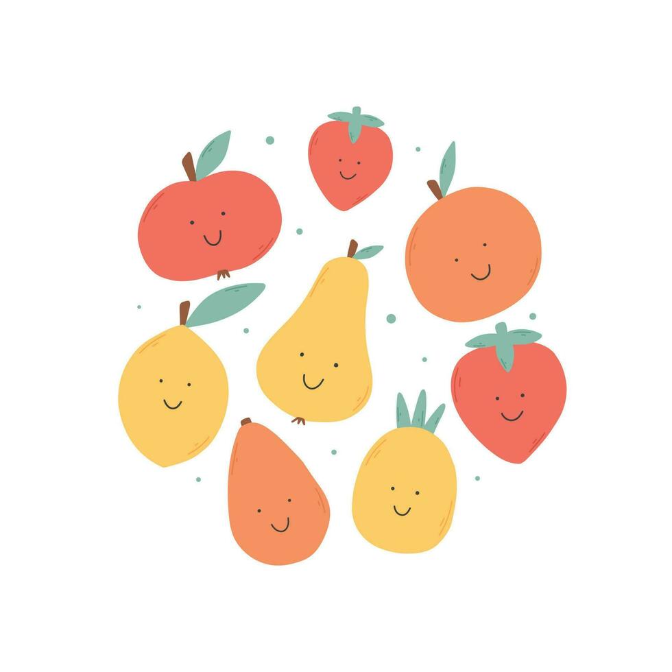 Childish print with retro fruits. Vector illustration. Groovy fruit print.