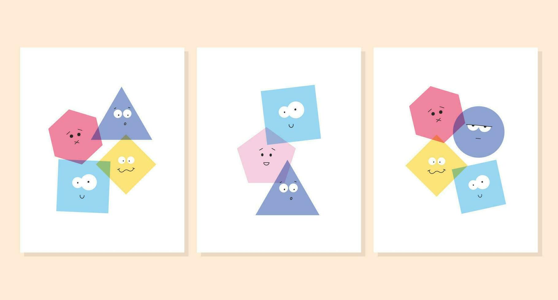 Set of kids posters with geometric shapes. Vector illustration. Flat style. kids posters with geometric characters.