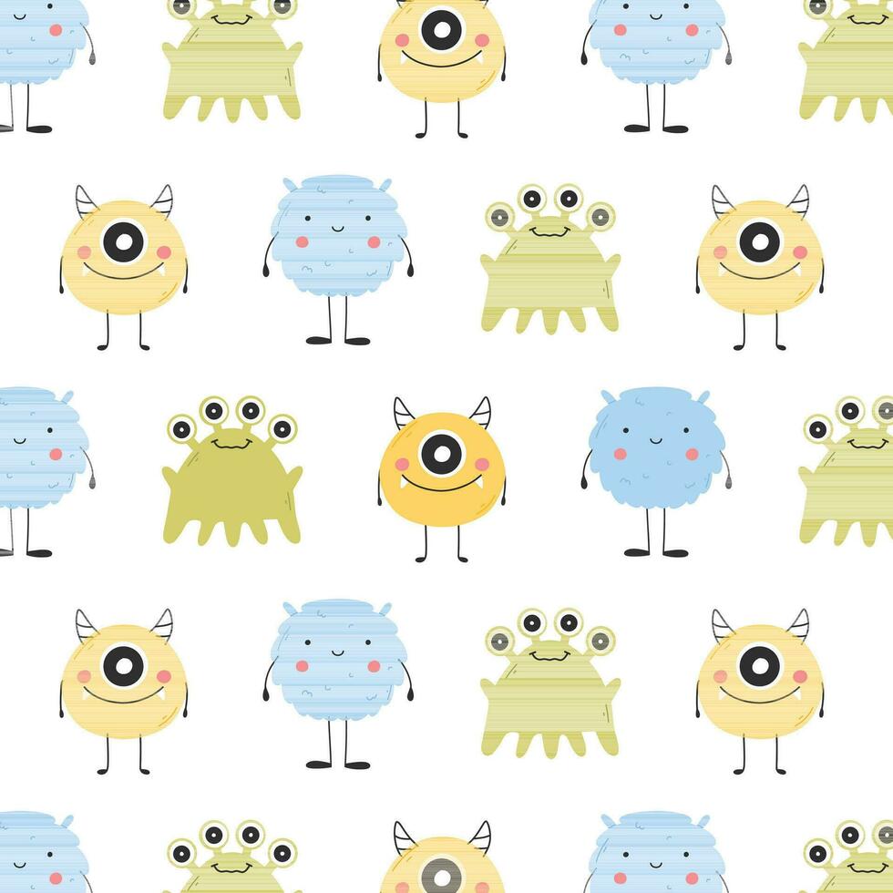 Childish seamless pattern with cute monster. Vector illustration. Kids print in Scandinavian style. Flat style.