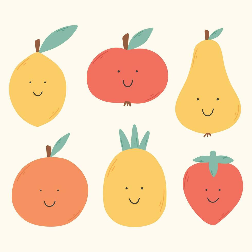 Set of cute retro fruits. Kawaii fruits. Collection of cute baby fruits. Vector illustration. Flat style.