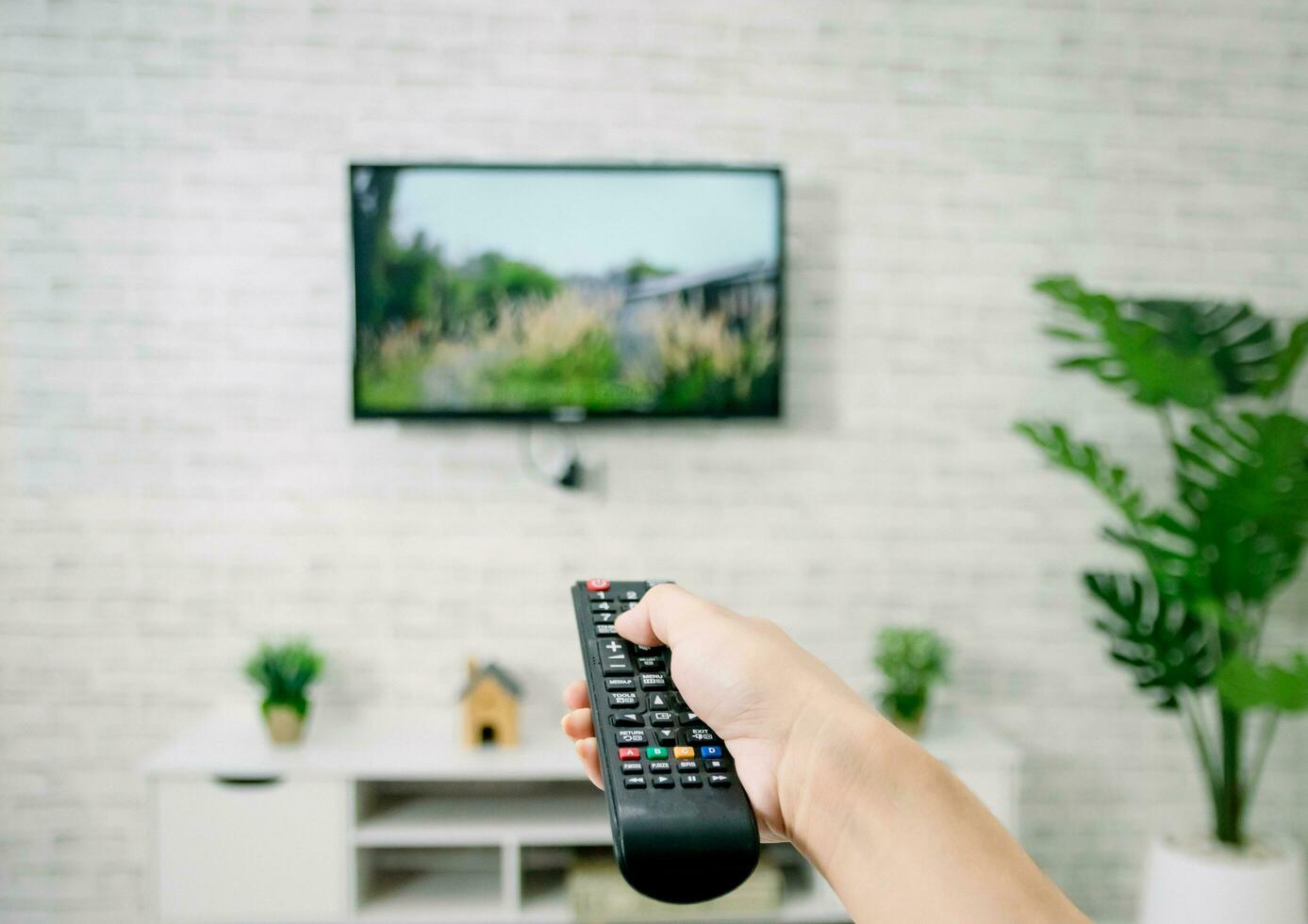 Hand hold living room tv remote control photo