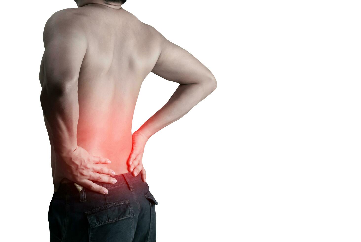 Young man holding back pain bone spine on a white background photo