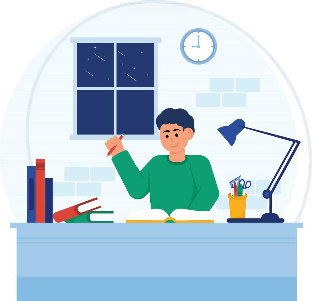 Man Doing School Work At Night Illustration vector